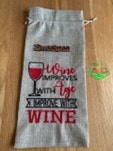Sweetpea's Handmade Embroidered Jute Wine Bag Collection - Wine Improves with Age